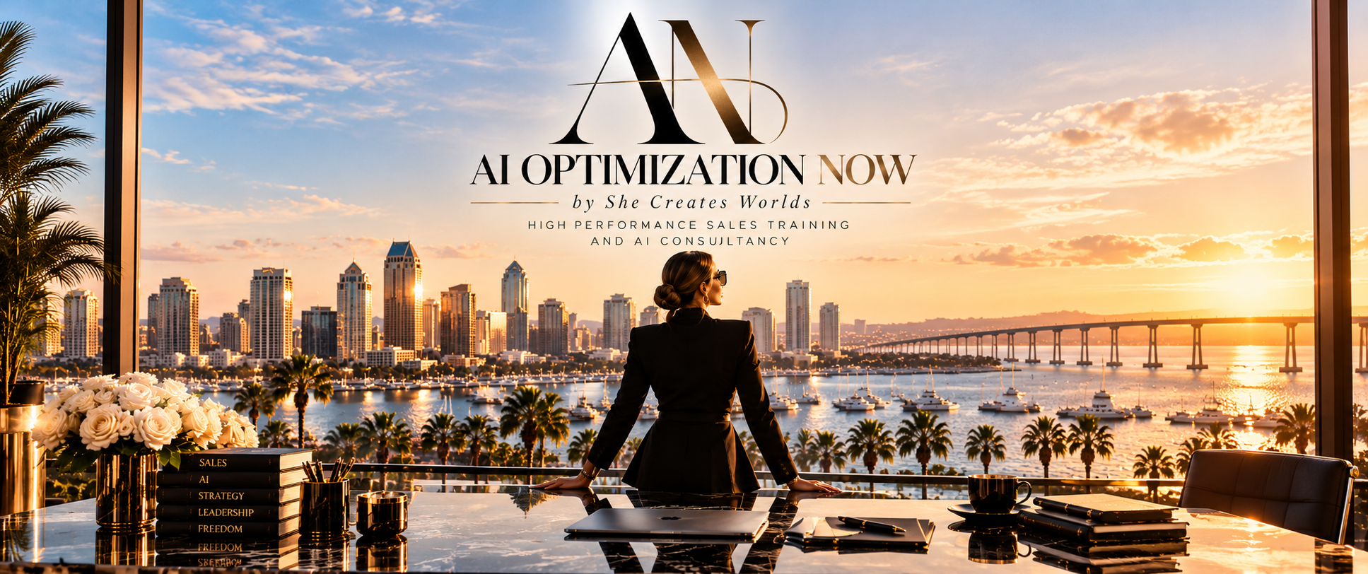 AI Optimization Now by She Creates Worlds — luxury San Diego skyline banner for high-performance sales training and AI consultancy